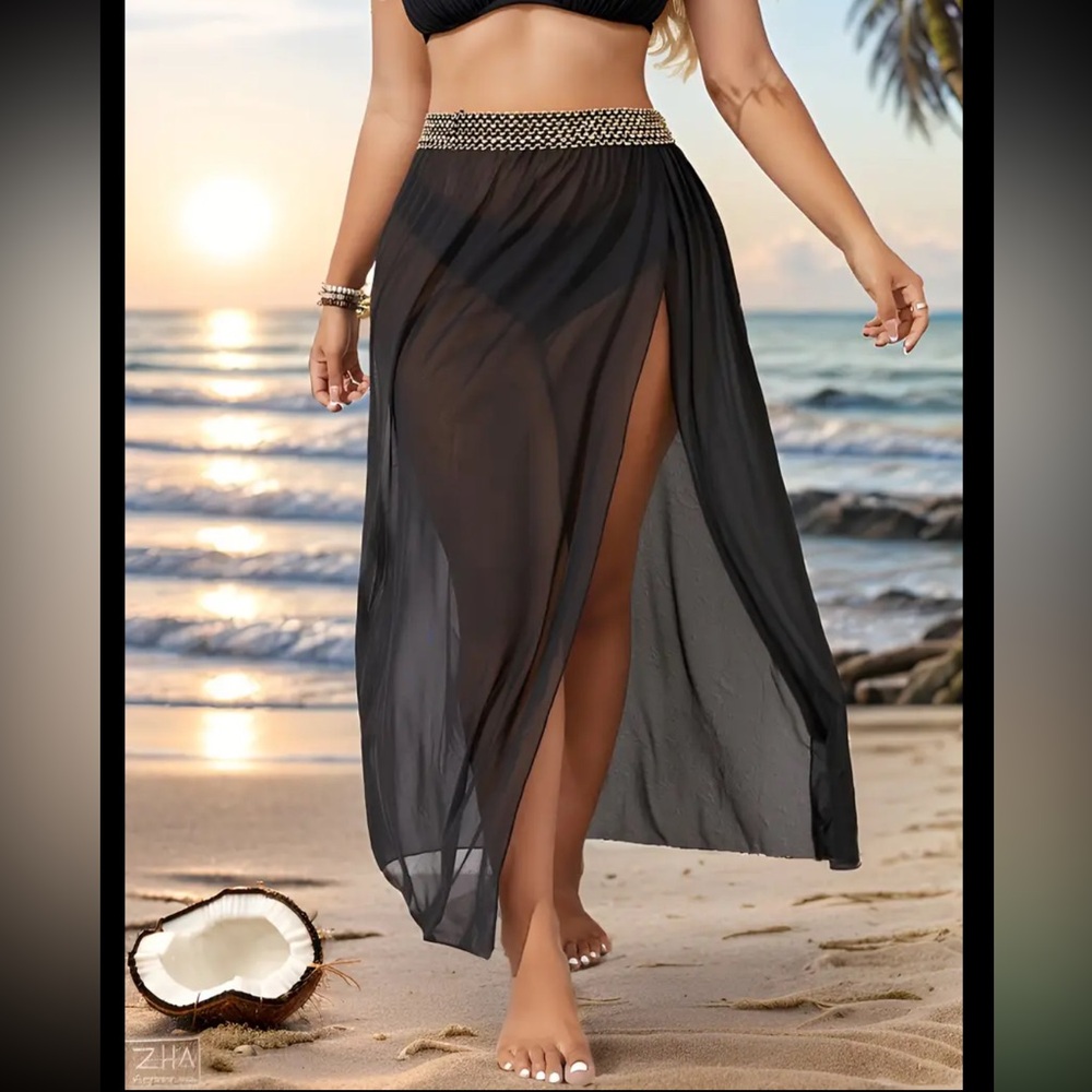 Bathing Suit Cover Sheer Black Beach Skirt with Slit